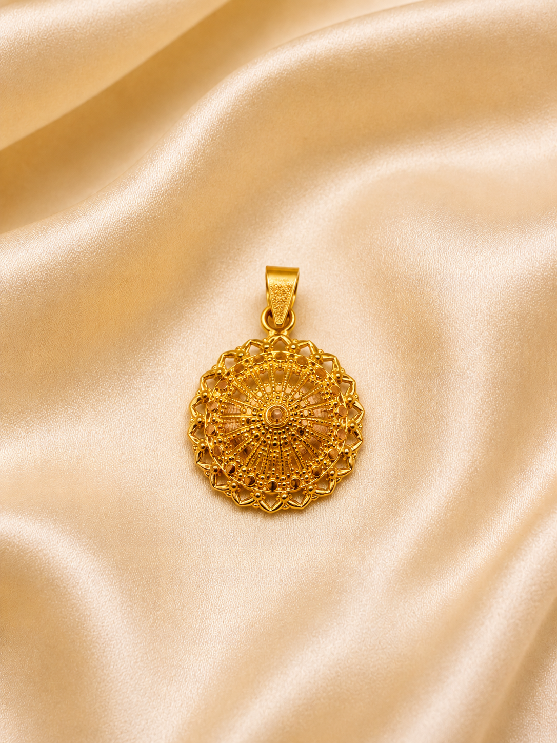 Regal Sunburst Filigree Medallion Pendant | Intricate Gold Wheel Charm