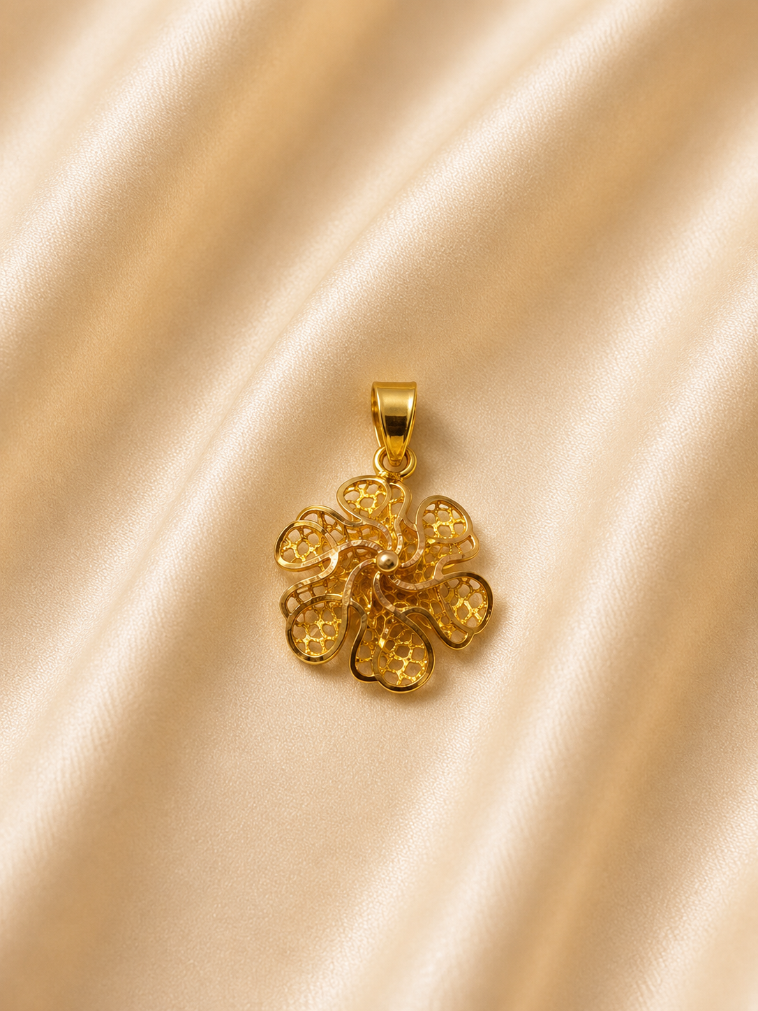 18K Gold Plated Pinwheel Flower Pendant | Textured Swirl Floral Charm