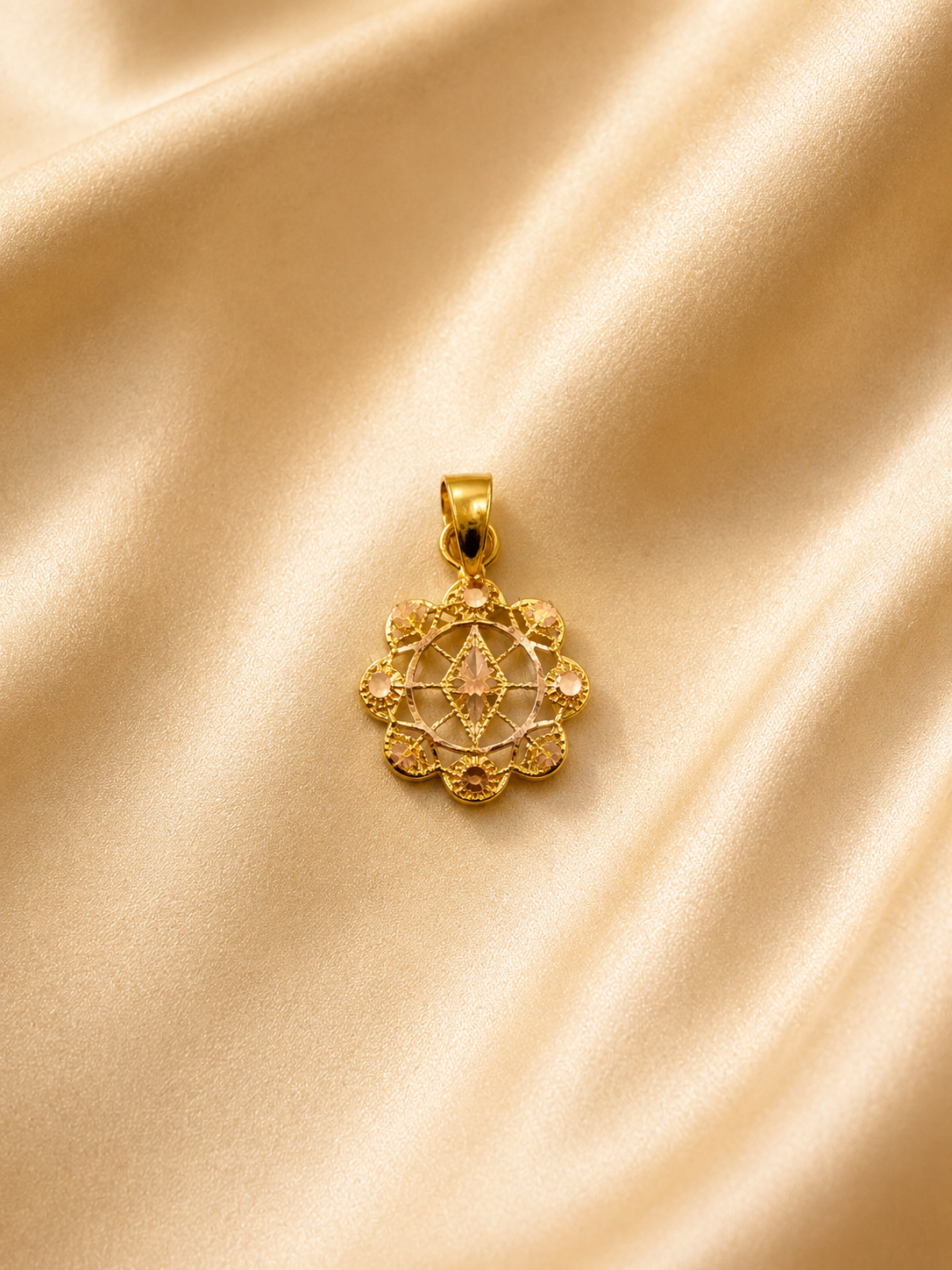 Seraphina Geometric Web Pendant – Multi-Tone Gold Floral Medallion