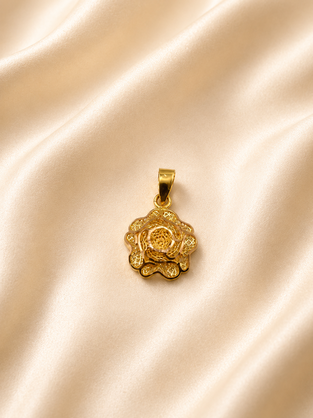 Luxury 3D Gold Filigree Rose Pendant – Layered Sculptural Blossom Charm