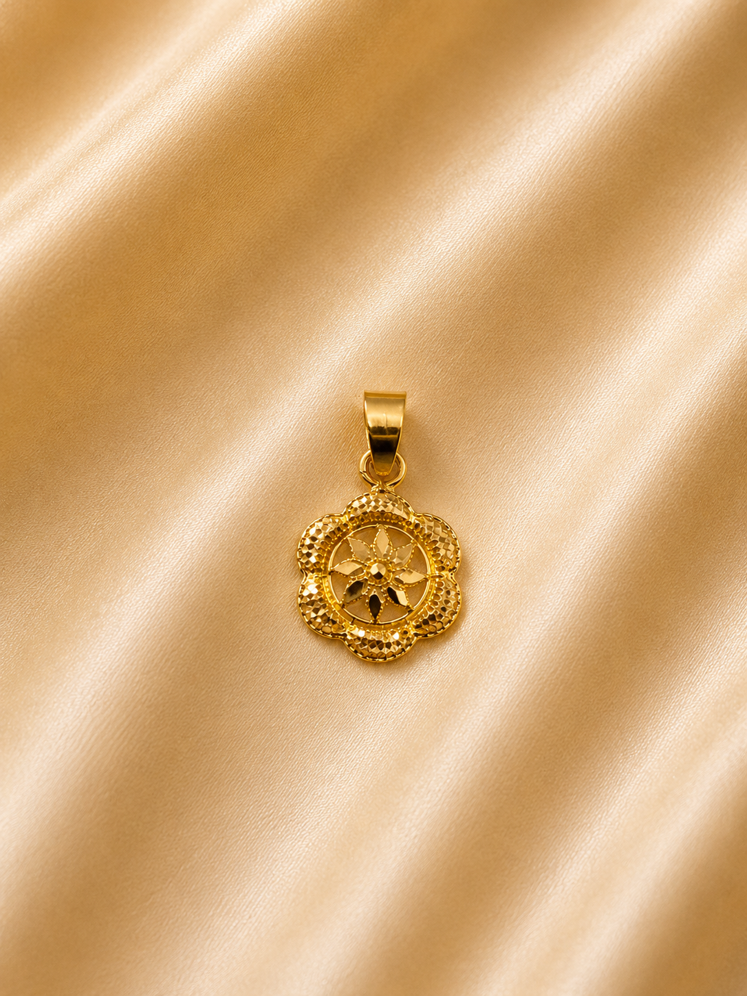 Solari Sunburst Blossom Pendant – High-Polish Textured Gold Medallion