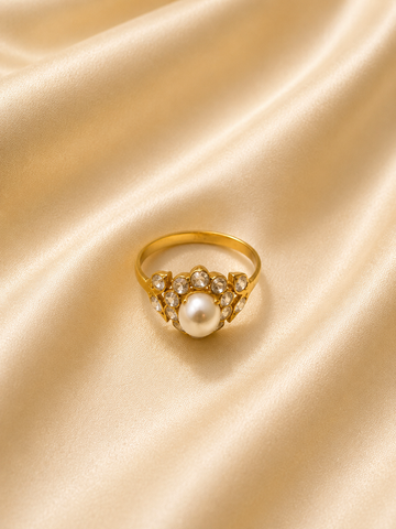 Majestic Pearl Tiara Ring – Crystal Crown Statement in Gold