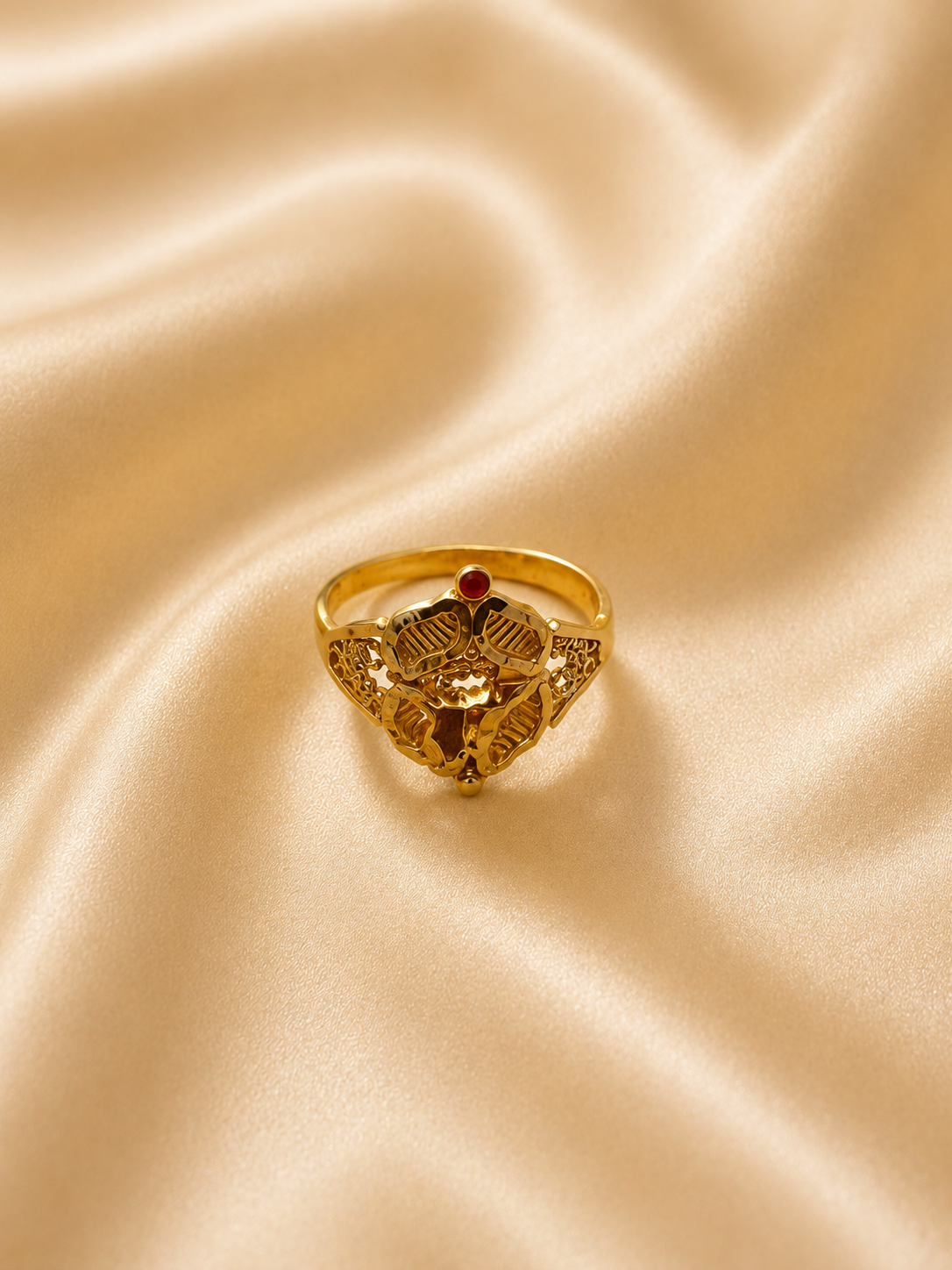 Vintage Filigree Floral Gold Ring | Antique Style Red Crystal Accent Ring