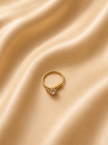 Celeste Dangle Solitaire Ring – High-Shine Gold Crystal Charm Band
