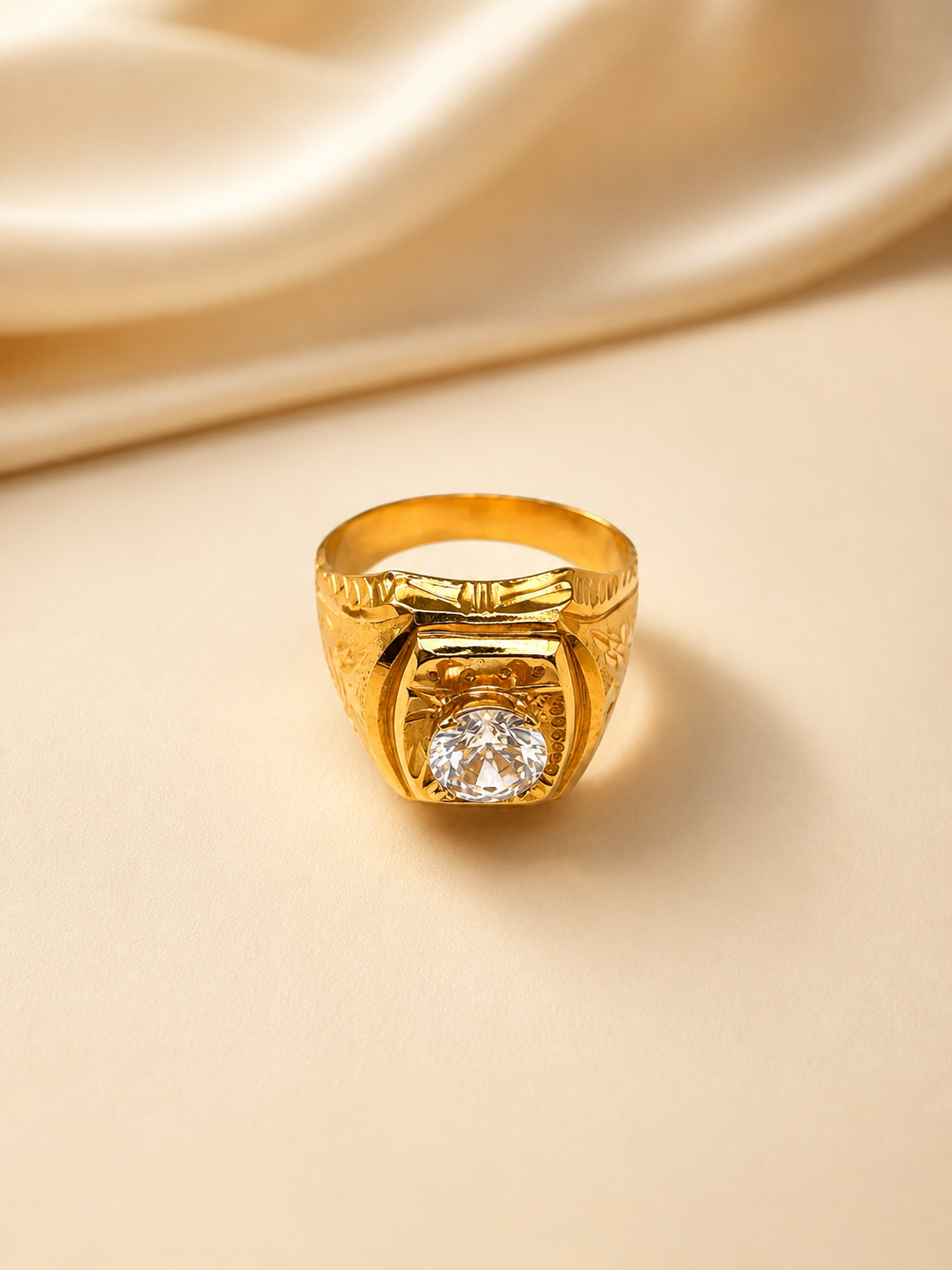 Vintage-Engraved Solitaire Diamond-Simulant Ring