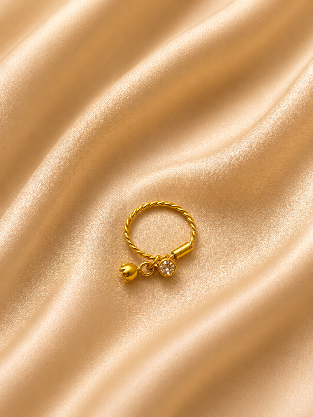 Twisted Gold Charm Ring with Tulip & Crystal | Dainty Botanical Jewelry