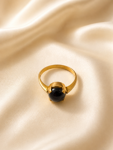 Black Onyx Oval Cabochon Gold Ring | Vintage Solitaire Statement Ring