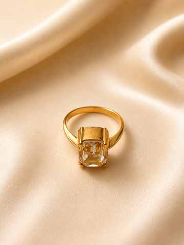Luxury Cushion-Cut Champagne Topaz Ring | Bold Geometric Gold Statement Band